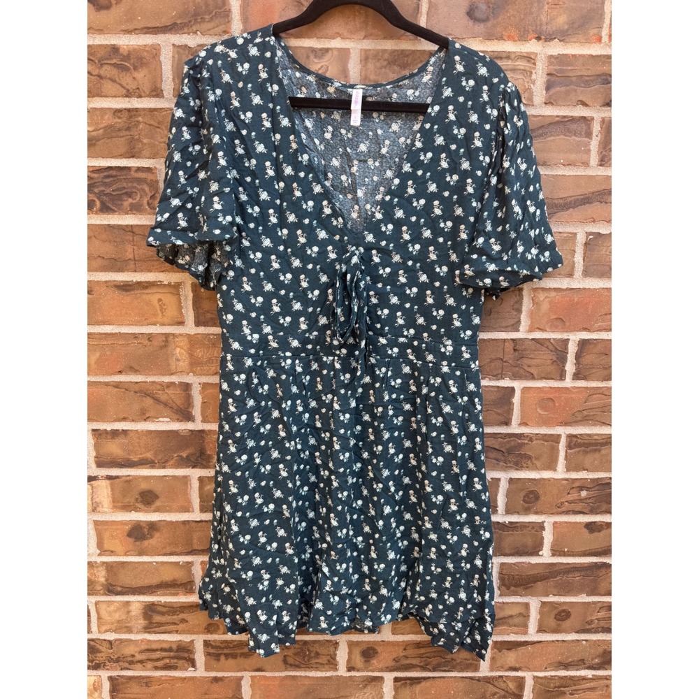 Xhilaration Womens Floral V-Neck Tie‎ Front Mini Dress Dark Teal Grn VN1973322 L